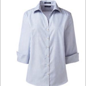 💼Land’s End no iron blue pin striped 3/4 sleeve button down shirt
